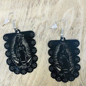 Mexican Virgen Black Earrings Papel Picado Style